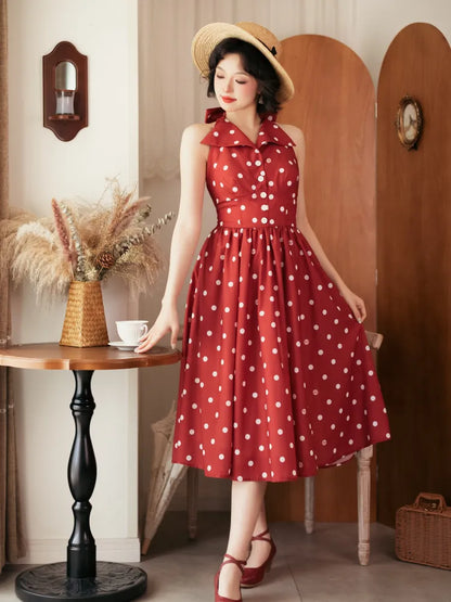 Mode Bogen Halfter Polka Retro Zurück Print Kleid Muster Hals Rote Punkte