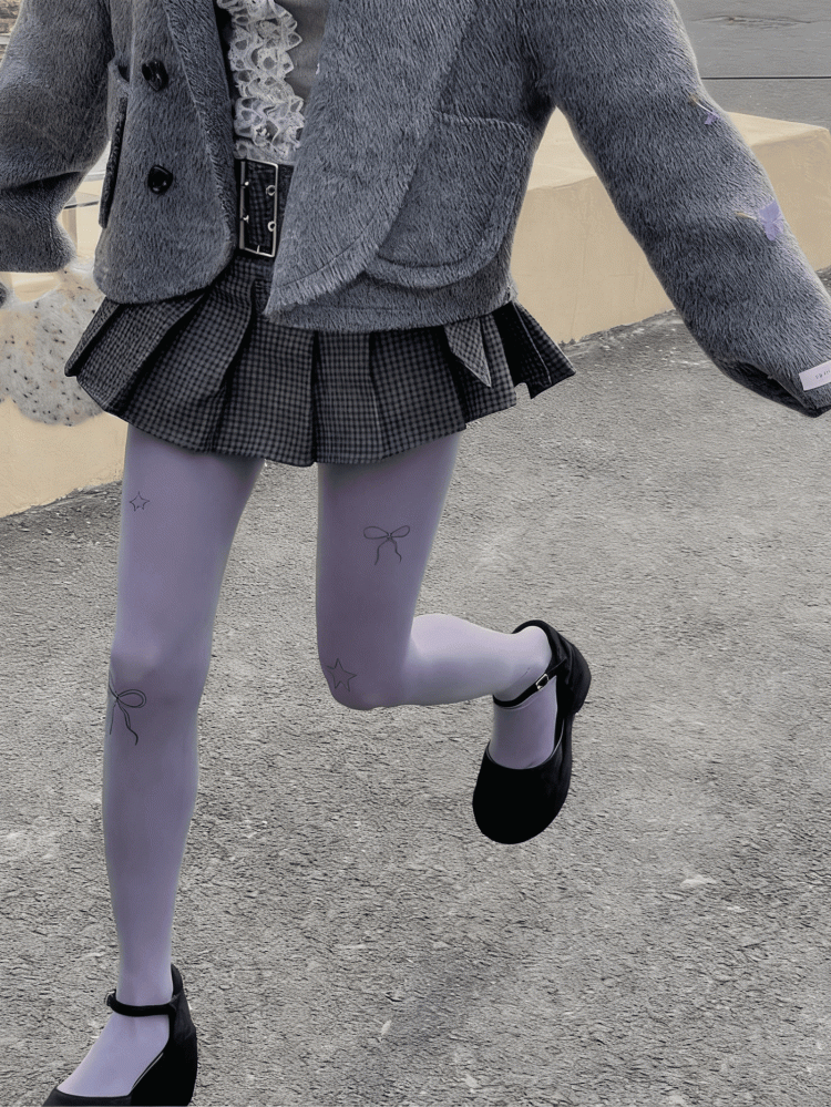 Creamy and Bowknot White/Light Star Print Gray/Purple Pantyhose