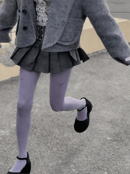 Creamy and Bowknot White/Light Star Print Gray/Purple Pantyhose