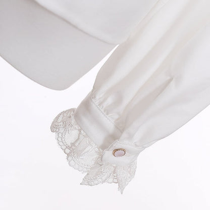 ジライケイ ホワイト ポインテッドフラットカラー レースパッチショルダー ランドマインスタイルシャツ