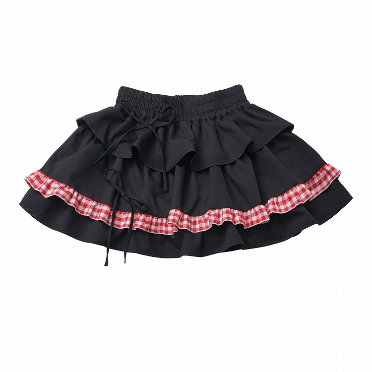 Black Skirt Hem Red Ruffled Plaid with Tiered