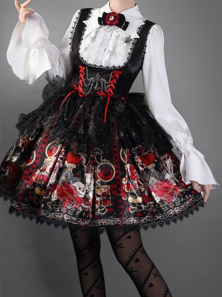 Bust Skull Short Gothic Spider Red and Under Rosette Lolita JSK Overlay with Dress Print Web