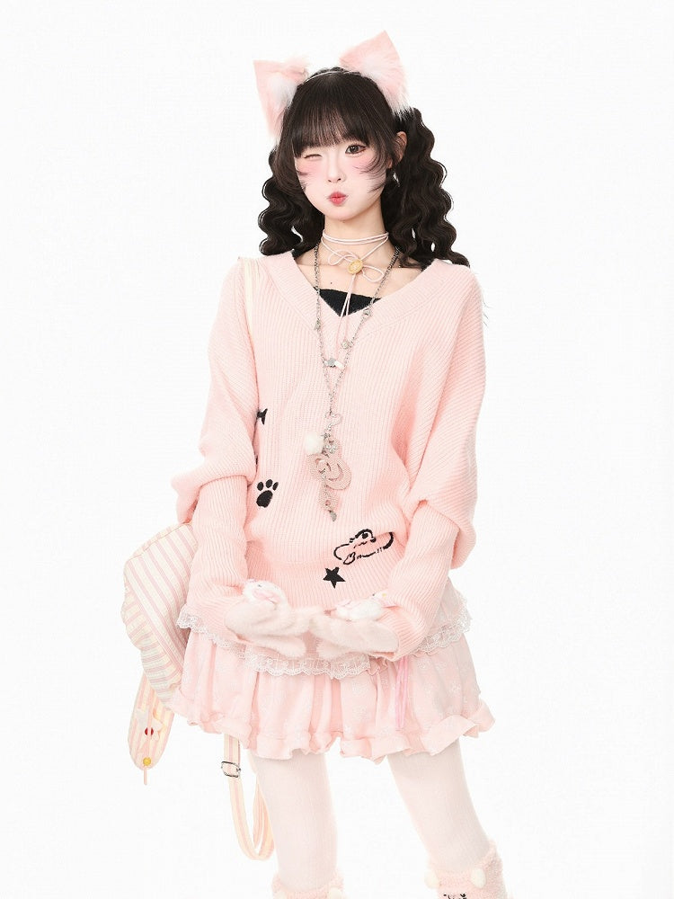 Pink Two-Piece Look Batwing Sleeve Sweater with Kitten Themed Embroidery - Languid Park
