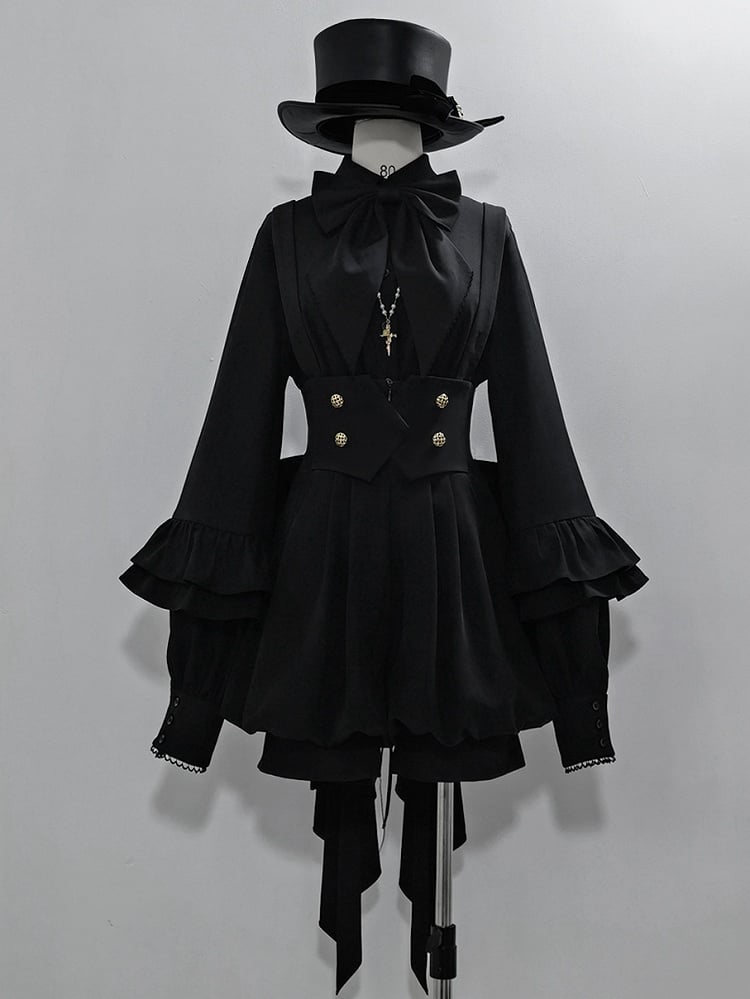Ouji Schwarzes Lolita-Hemd mit langen Ärmeln und Fliege