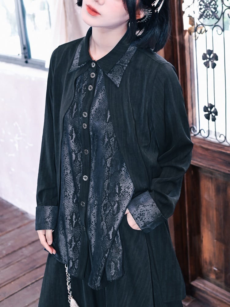 Black Collar Double-layered Shirt Gothic Snake Patchwork Print with Cheongsam