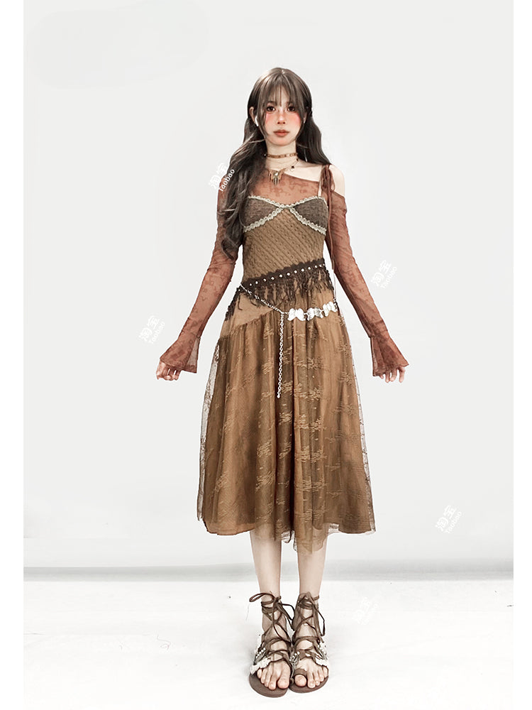 Millard Fashion Wasteland Punk Vintage Brown V-neck Floral Trim Glamorous Cami Dress With Overlay