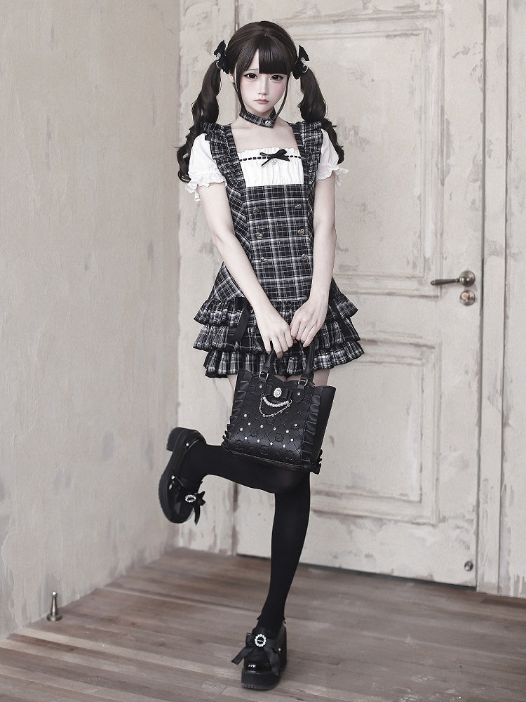 Black Plaid Square Neck Puff Sleeve Low-Waist Dress and Shorts Set - Ekomi