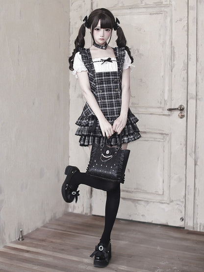 Black Plaid Square Neck Puff Sleeve Low-Waist Dress and Shorts Set - Ekomi