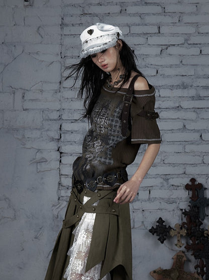 Green Military Steampunk Newspaper Straps Buckle Print Knit with T-shirt