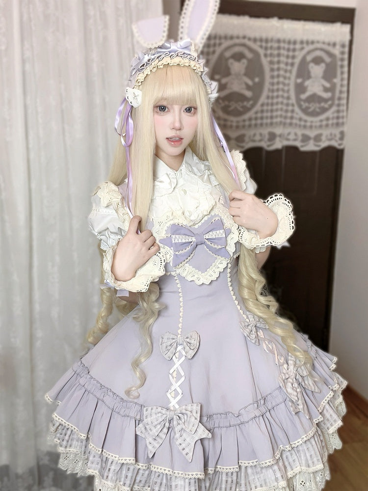 Bow-Accented Lolita JSK Dress in Purple Plaid with Lace Trim - Yinying Lolita