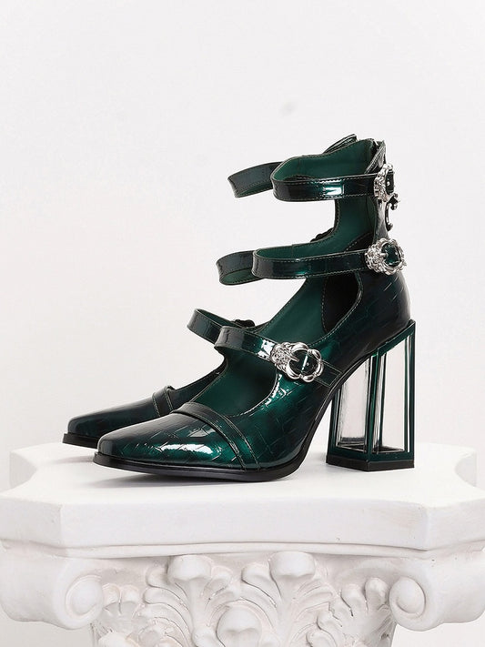Polished Green Gothic Crocodile Buckle Straps High Block Heels