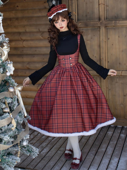 Red Plaid Pattern Under Bust Christmas Vibes Lolita Dress Boned Waist and Plush Hemline Long Version