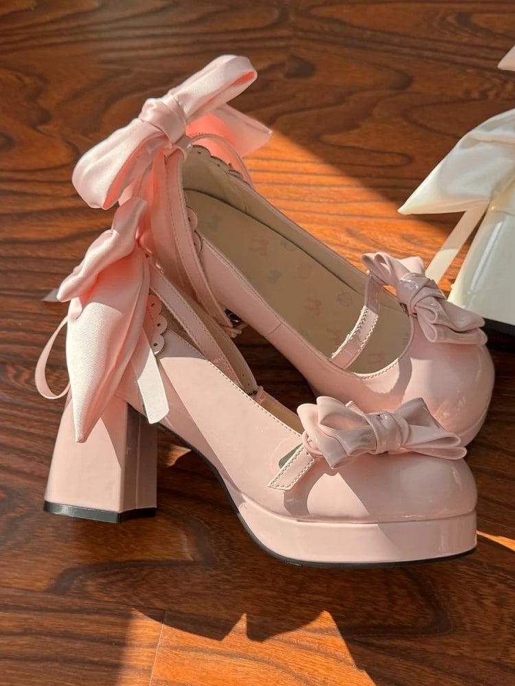 Lolita Mary Elegant with Pink Design High-heel Snap Bows Detachable Janes