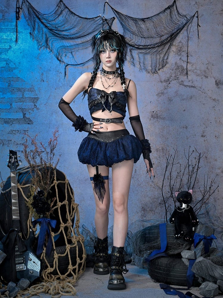 Top Bow Buckle Strap Vintage Blue Cropped Hem Tie with Black Rockabilly