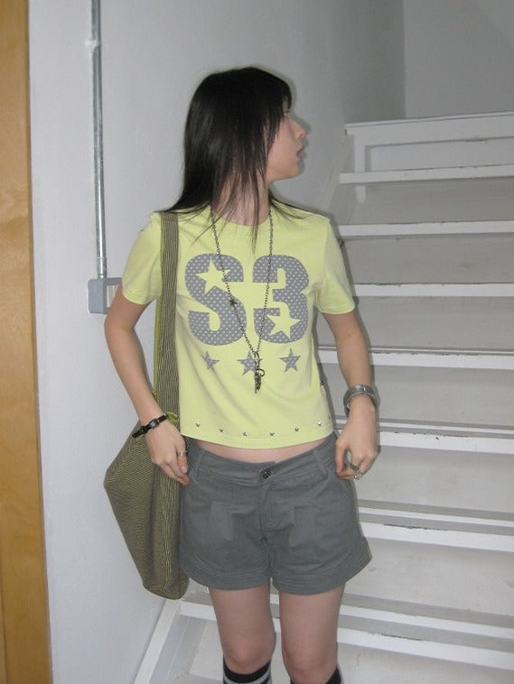 Lemon Yellow Round Neck Tee with Letter Print and Stars - innomoood