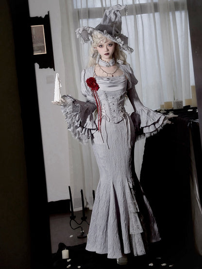 Elegant Gothic Witch Mermaid Skirt in Silver Gray Lolita Style - With PUJI