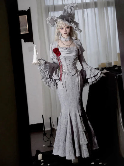 Bell Lolita Ruffle Long Witch Gray Silver Sleeves Layered Cuffs