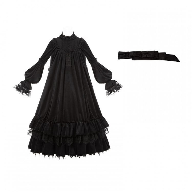 Gothic Hem with Lolita Black Versatile Velvet Drawstring Ruffled Dress