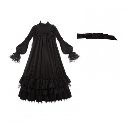Gothic Hem with Lolita Black Versatile Velvet Drawstring Ruffled Dress