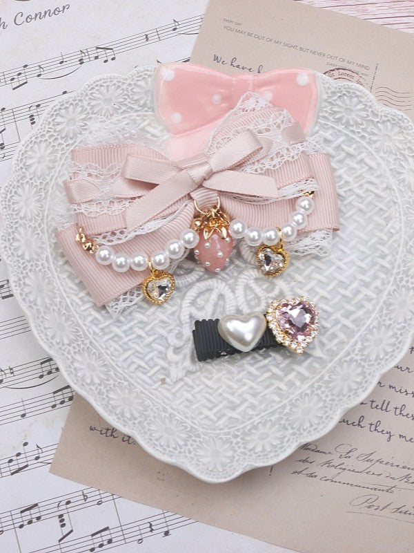 Kei Pearl Color Chian Hairclips Jirai Charm Strawberry Set Options 6 Bowknot