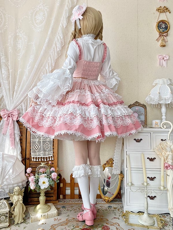 Skirt and Sweet Bead Lolita Dress Detachable Details Pink Tiered Bows