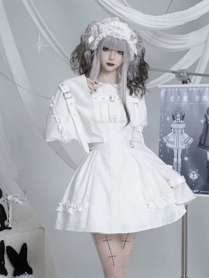 White Gothic Lolita Bell Sleeve Dress with Lace and Metal Buckle Accents - Kuroya