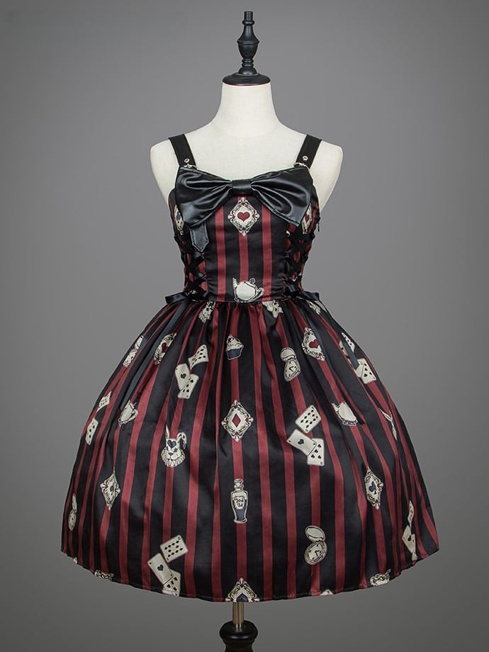 Card Punk Lolita Kleid Rot mit Spiel- und schwarz gestreiften Drucken
