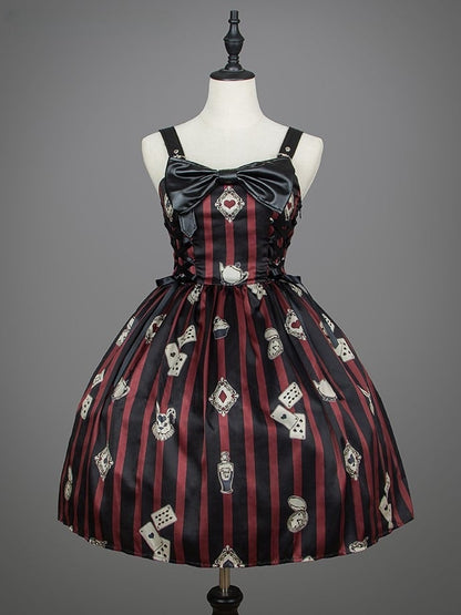 Card Punk Lolita Kleid Rot mit Spiel- und schwarz gestreiften Drucken