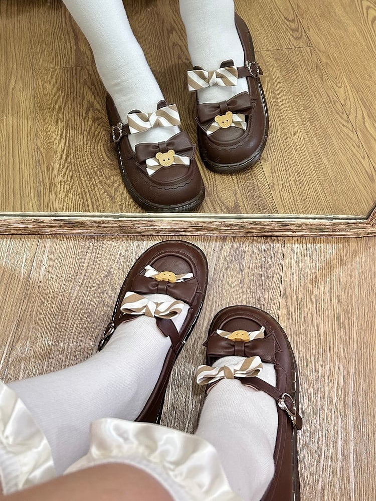 Design PU - and Kuma-themed with 2cm Flat Ear Shoes Strap Lolita Bear Brown Striped Bow