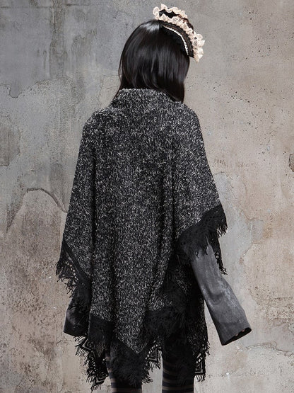 Cross Black Motif Raw Cape Punk and with Vintage Hem