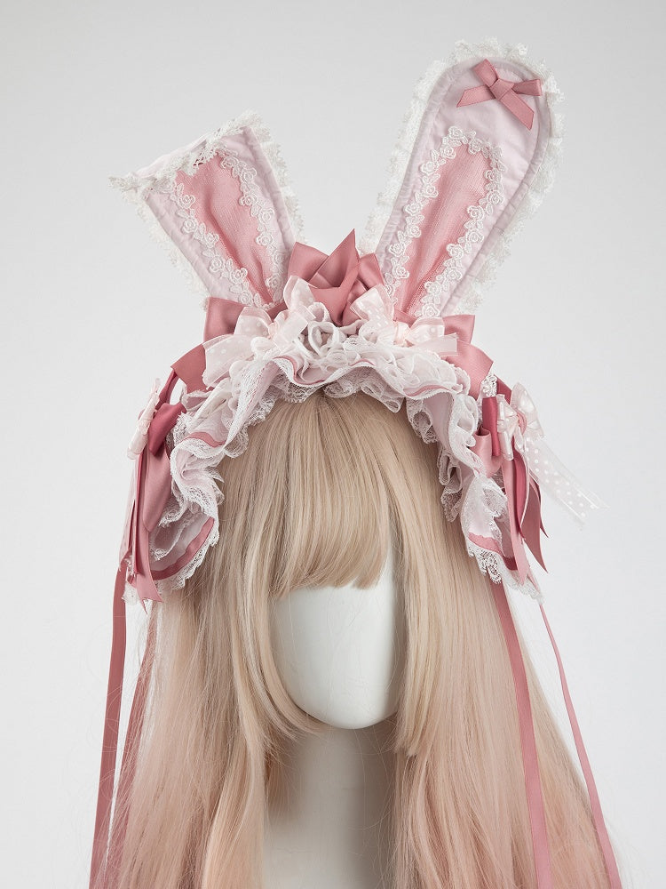Bows Ruffled Bunny Lace Pastel Removable Ears with Wide Pink Hairband