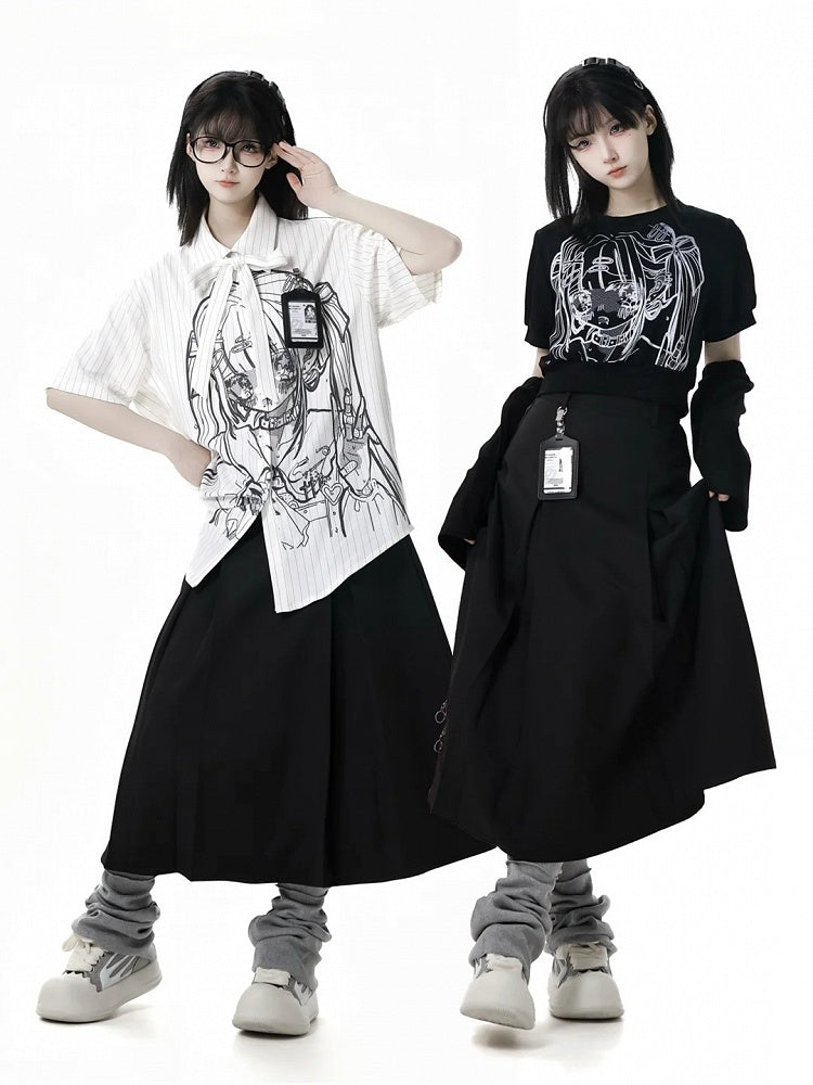 Short Sleeves Shirt Anime Girl Print White Stripes Tie Bow