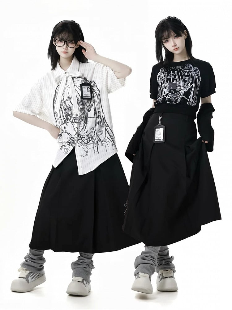 Black Anime Girl Print with Armwear Free Cropped T-shirt