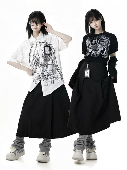 Black Anime Girl Print with Armwear Free Cropped T-shirt