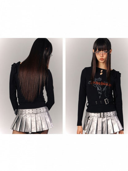 Punk Black Shoulder Print Edgy Sleeve Cross with Long Belt Buckle Cross-Lace Top Gray