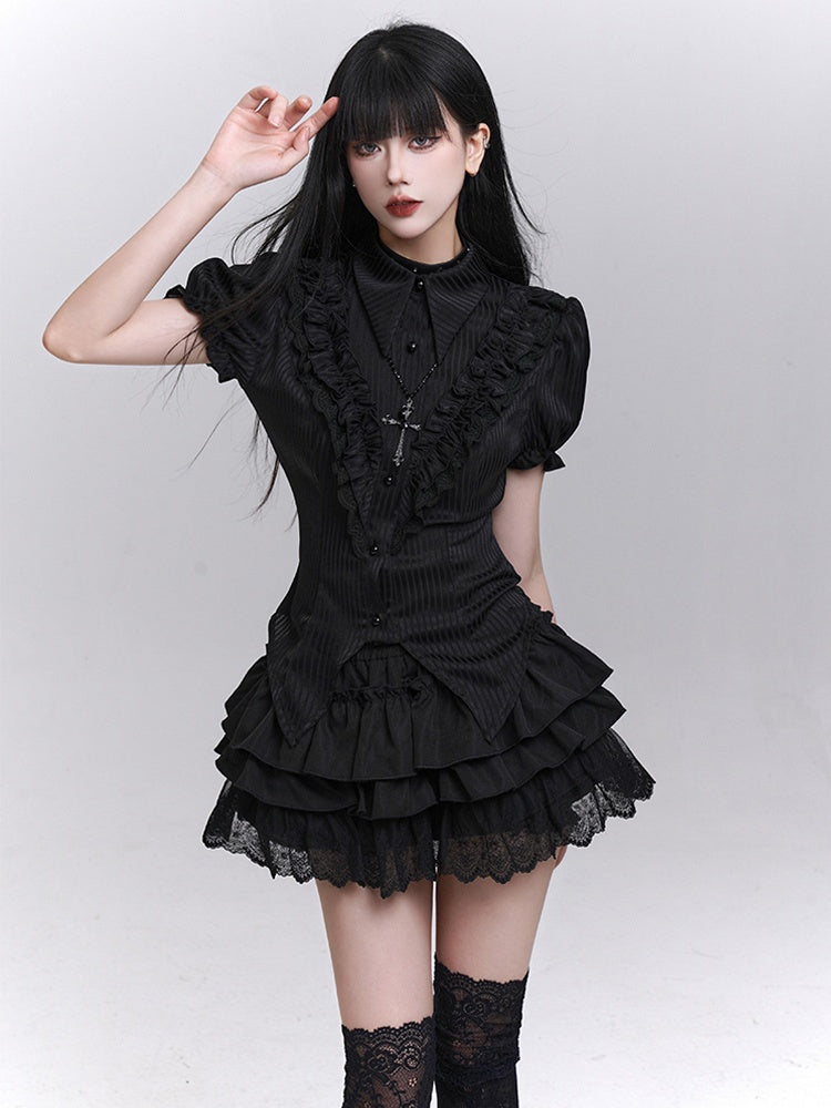 Pointed Flat Collar Curved Hem Gothic Puff Sleeves Blouse Pattern Black Striped