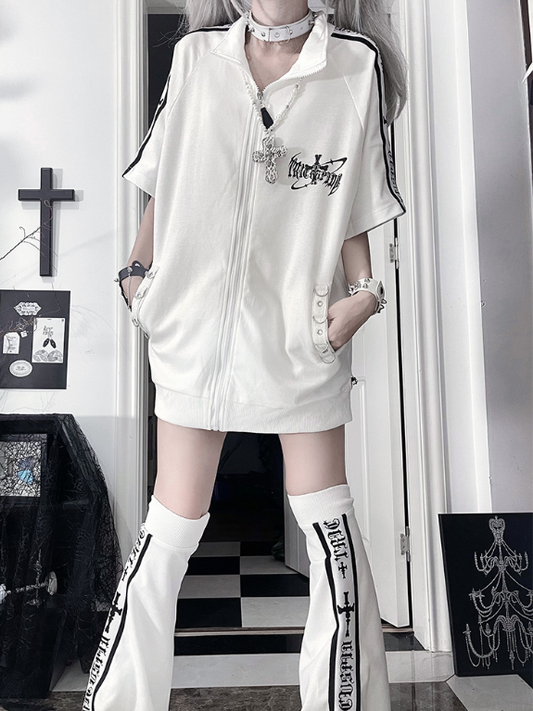 with Jacket Short Cross White Stripes Zip-Up Punk Text Sleeve Print Black