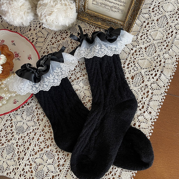 Ribbon Socks with Cable-Knit Lace Cuffs