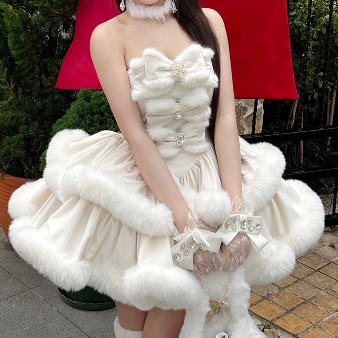 Creamy Snowflake Bows Bodice Plush Trimming Strapless Dress