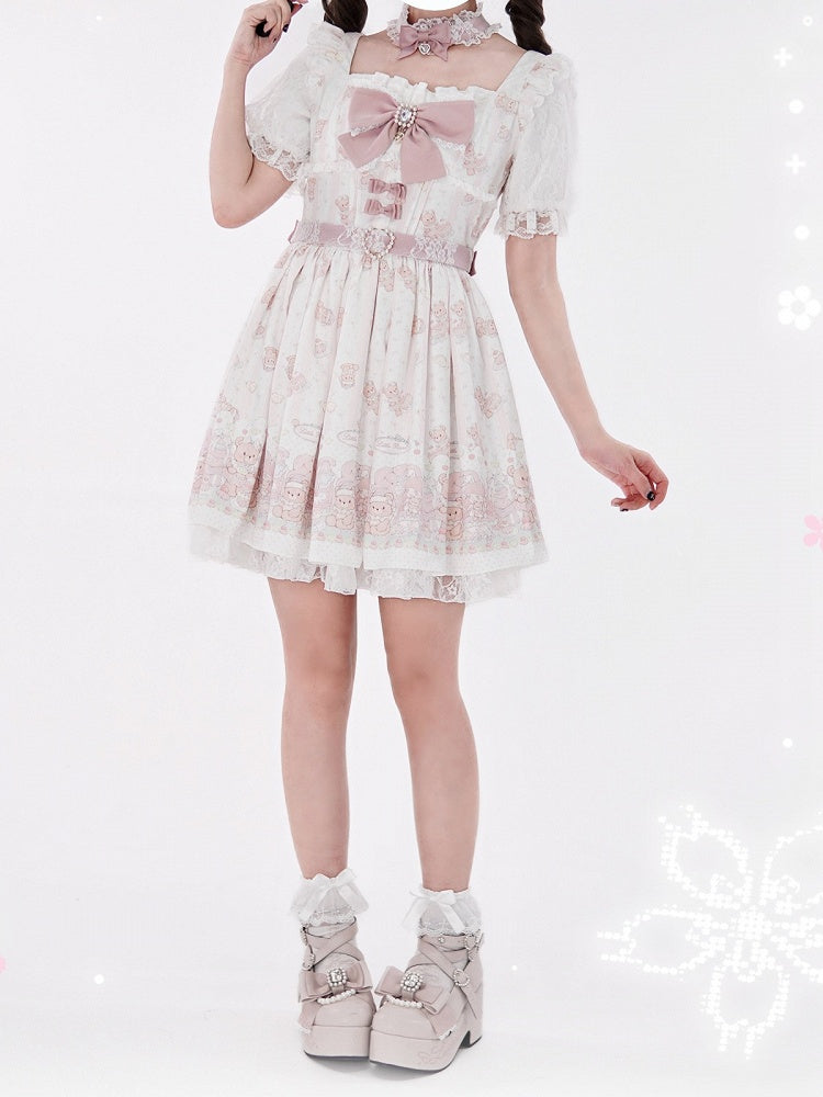 Ryousangata Style Pink Bear Print Square Neck Short-Sleeve Dress with Lace and Bow Details - Shi Zhai Xin