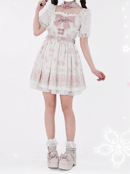 Ryousangata Style Pink Bear Print Square Neck Short-Sleeve Dress with Lace and Bow Details - Shi Zhai Xin