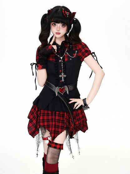 Sweet Edgy Kawaii Red Black Plaid Asymmetrical Hem Skirt - CRAZY GIRL