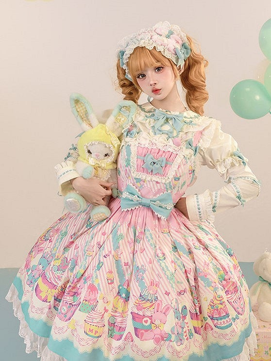 Blue Prints with and Sleeves JSK Trim Dress Flutter Pink Lolita Lace Sweet Cupcake