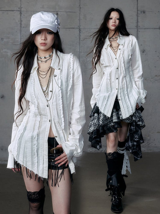 Pleats White Wasteland Blouse Punk Pintuck Distressed with V-Neck