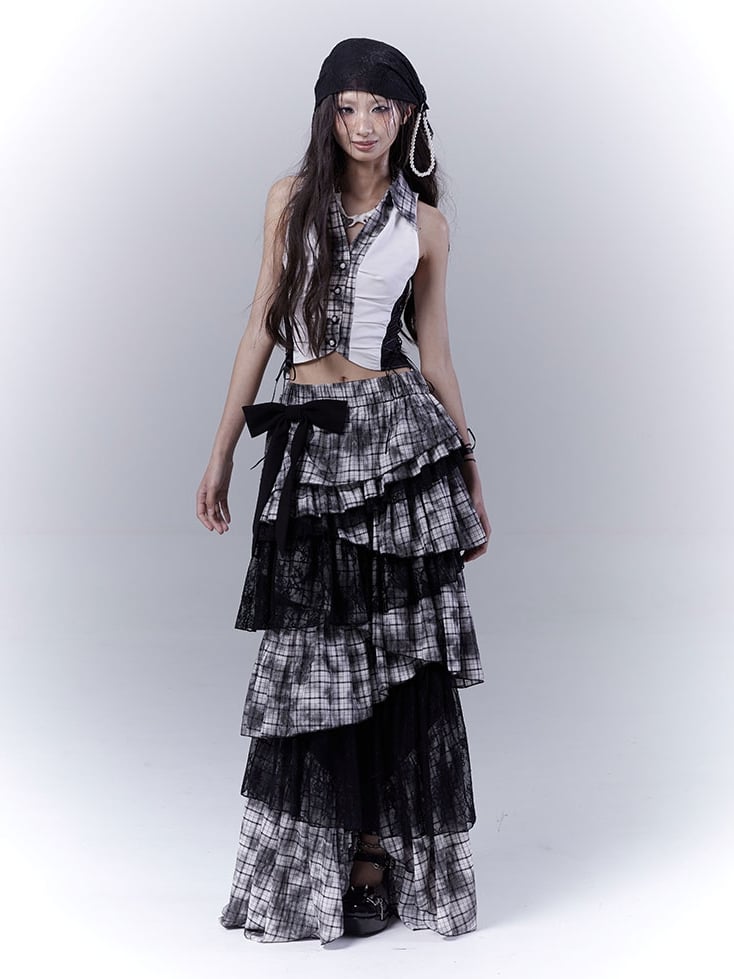 Regular/Long Version Asymmetrical Tiered Plaid Skirt Black Punk