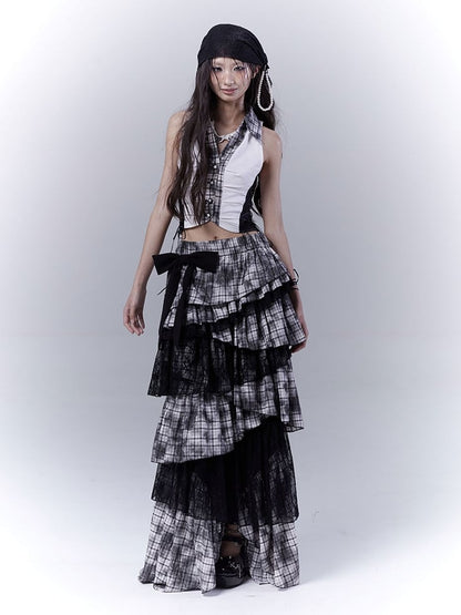 Regular/Long Version Asymmetrical Tiered Plaid Skirt Black Punk