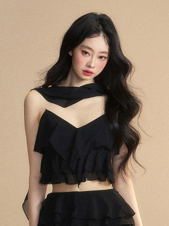 Tiered Black Chiffon V-Neck with Ruffles Cropped Cami Top Scarf Free