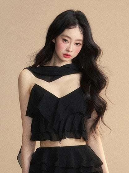 Tiered Black Chiffon V-Neck with Ruffles Cropped Cami Top Scarf Free