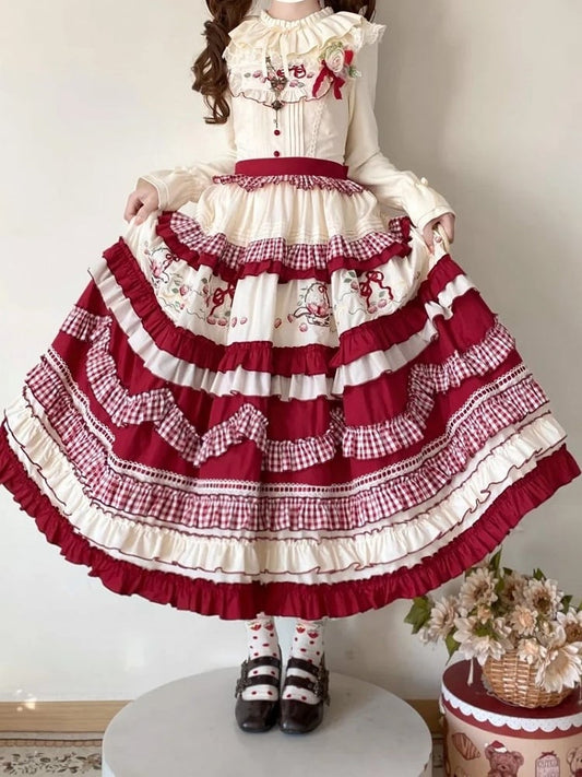 White Strawberry Dress Embroidery Red Ruffles Layered Sweet with Lolita