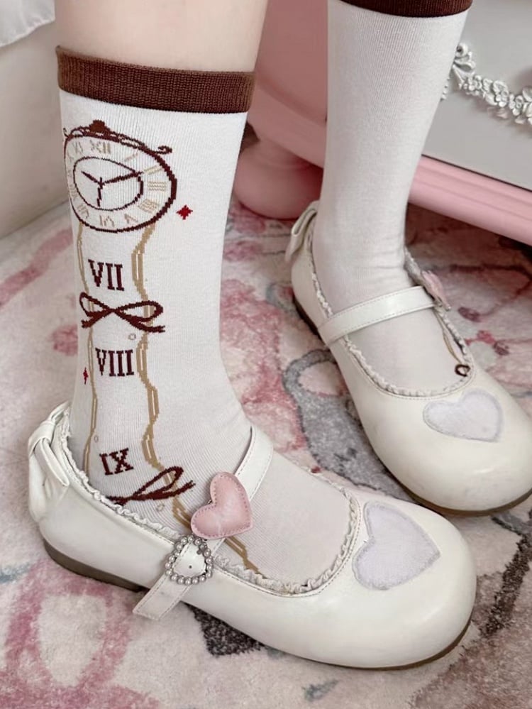 Wonderland Clock Socks Vibes Alice Lolita Calf In Print Brown